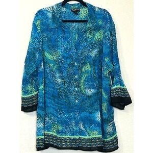 Maggie Barnes Womens 2X Blue Green Paisley Crinkle Button Front Blouse Artsy